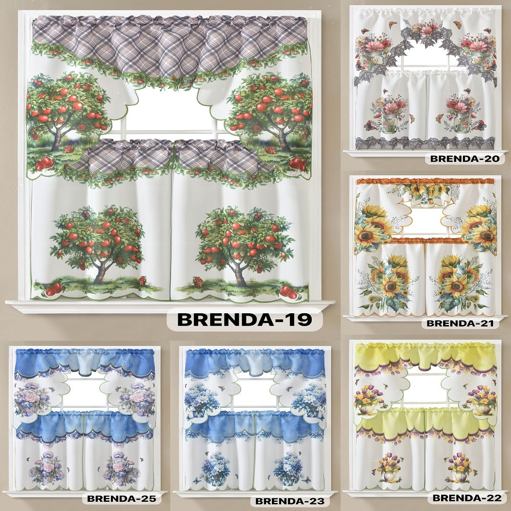 Kitchen Curtains 3 Piece Set Embroidered Satin Valance and Tiers - Rod Pocket Light Filtering Machine Washable 46 Colors Available All Season Home Decor