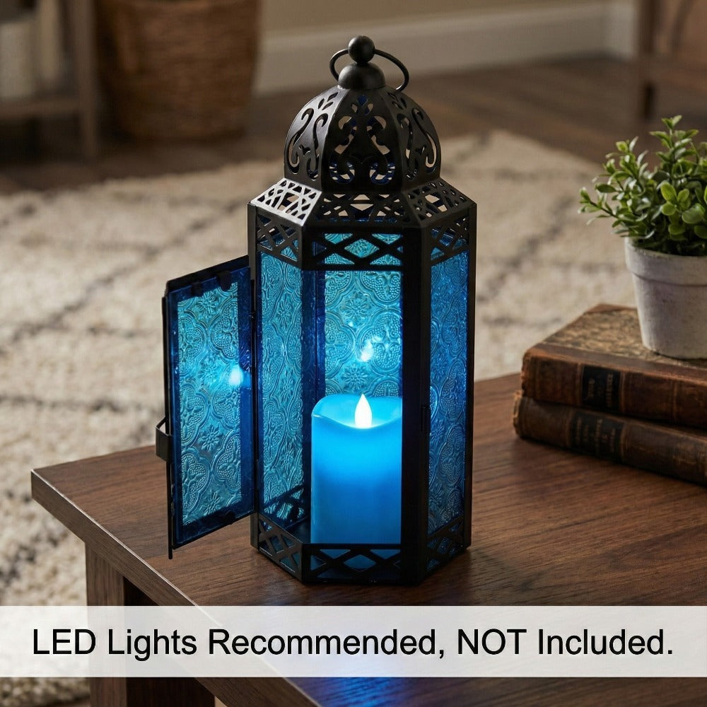 Moroccan Candle Lantern Holder - Decorative Metal & Glass Lantern with Embossed Floral Design for Indoor Home Decor, Garden, Patio, Weddings, Ramadan, Halloween & Holiday Celebrations - 10.5¡± Tall Medium Size