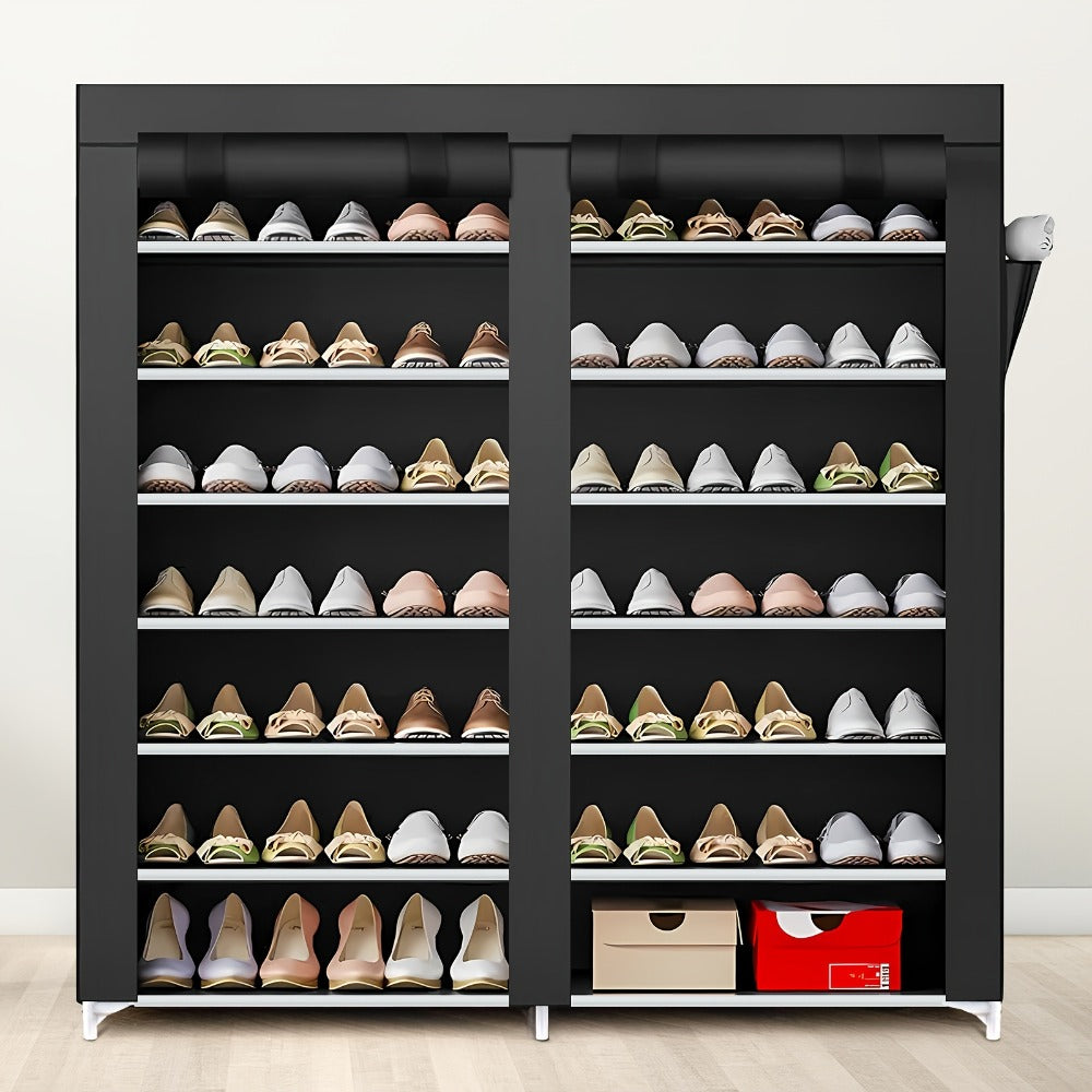 Shoe Rack Organizer 9 Tier Double Row Large Capacity Holds 42 Pairs Nonwoven Fabric Dust Cover Portable Shoe Cabinet Space Saving Easy Assembly for Home Bedroom Closet Dormitory Black