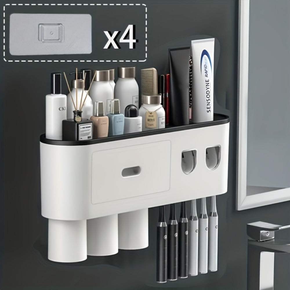 Wall Mounted Toothbrush Holder with Automatic Toothpaste Dispenser - 3 Cups Bathroom Organizer, Space-Saving Toothbrush Cup Holder for Family, Black & Gray