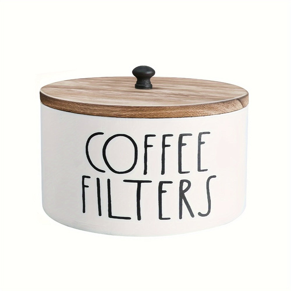 Wooden Coffee Filter Holder with Lid | Rustic Farmhouse Coffee Filter Storage Container | Solid Wood Coffee Bar Organizer for Countertop | Vintage Style Decorative Coffee Accessory Box Black & White