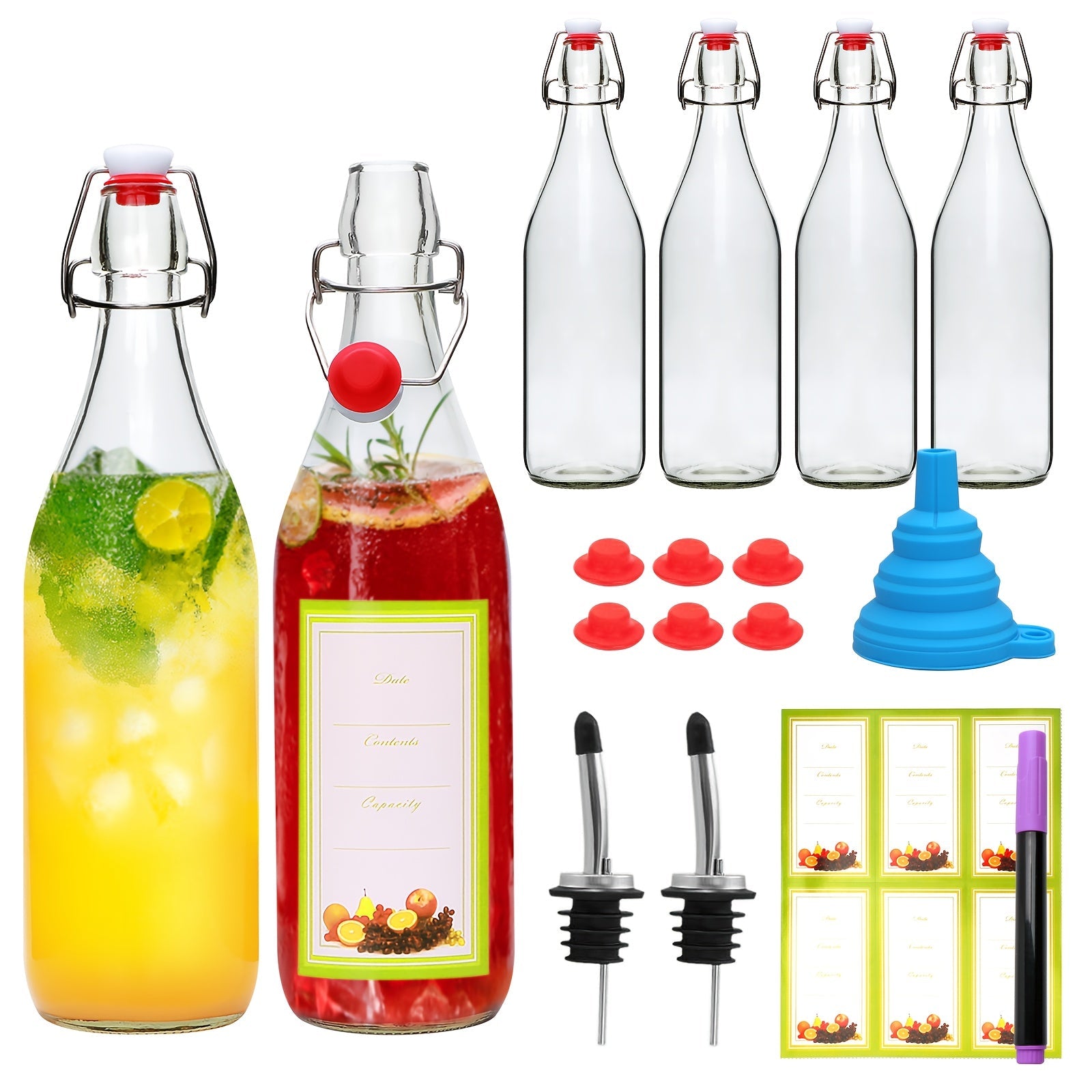 Flip Top Glass Bottles with Stopper 16oz | Airtight Swing Top Bottle for Kombucha, Juice, Vinegar, Honey, Vanilla Extract ¨C Kitchen Storage Set