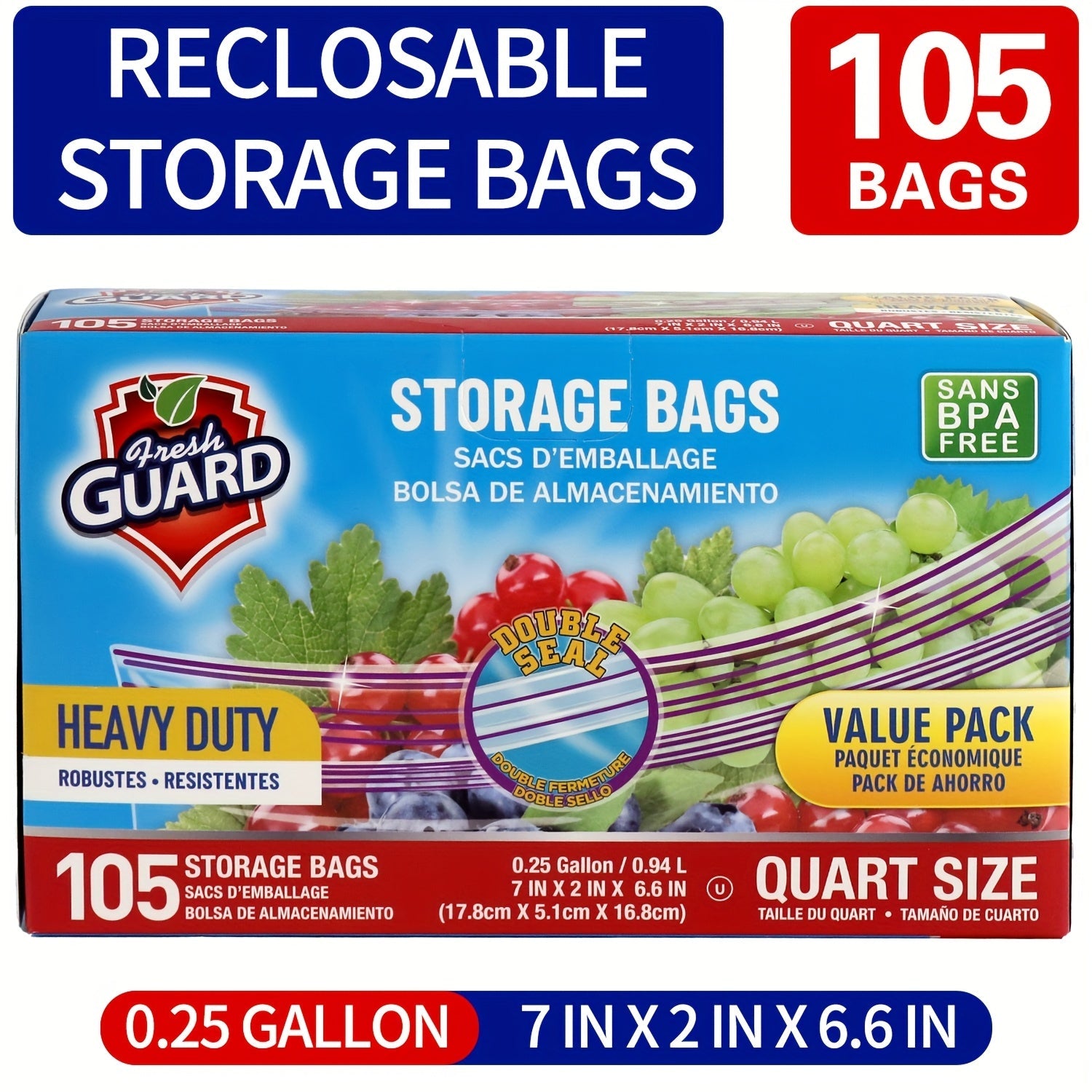 Reclosable Food Storage Bags Heavy Duty Ziplock Seal Fresh-Keeping Bags for Fruits Vegetables Grains Meat Kitchen Organizer Multiple Sizes 0.25 Gal 1 Gal 2 Gal
