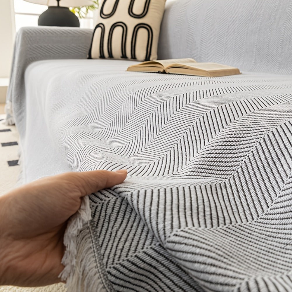 Herringbone Sofa Throw Cover with Tassels Jacquard Woven Solid Color Washable Polyester Sofa Blanket Slipcover for 3 4 Seater Couch Living Room - Grey Coffee Green Blue