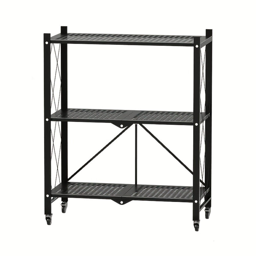 Rolling Storage Rack with Wheels 3 4 5 Tier Folding Shelving Unit No Assembly Required, Freestanding Metal Shelf Organizer for Kitchen Living Room Garage Office Basement, Black White
