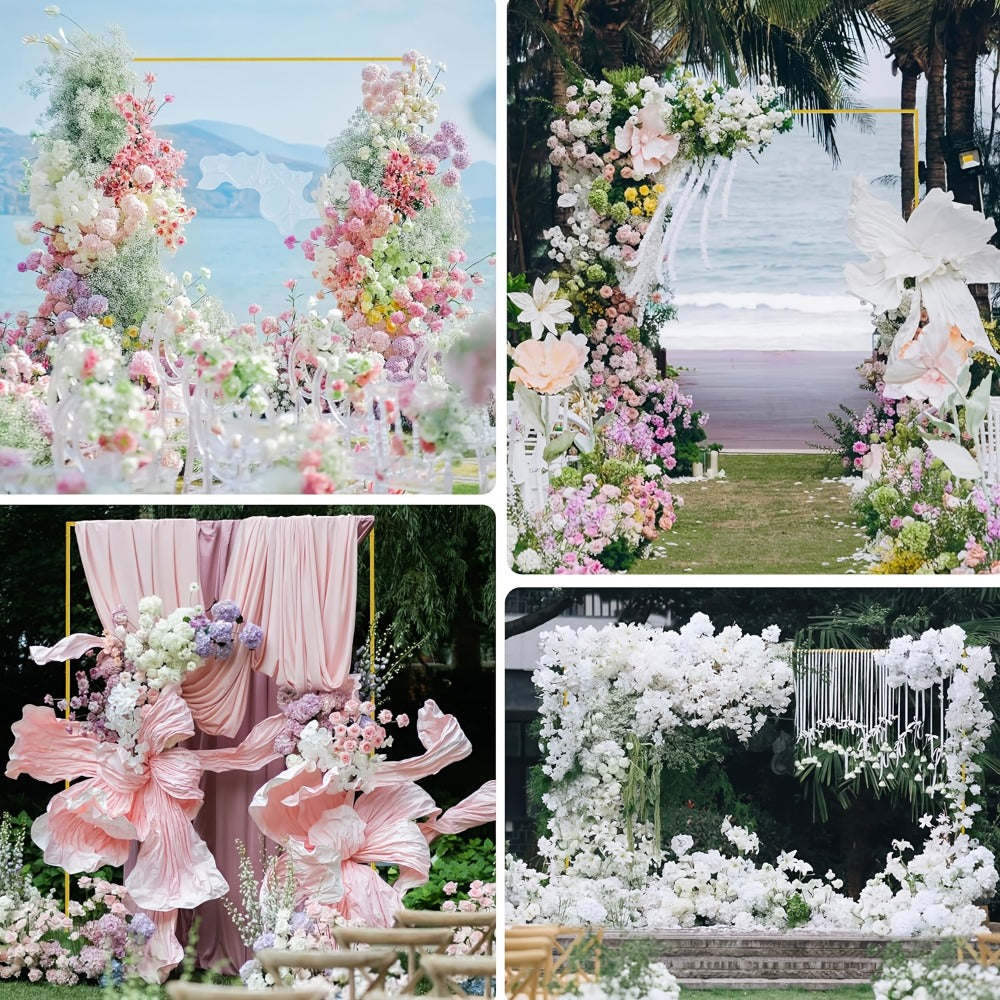 Backdrop Stand Heavy Duty Golden Adjustable Pipe Drape Kit Square Metal Arch Party Frame for Wedding Birthday Banquet Photo Booth
