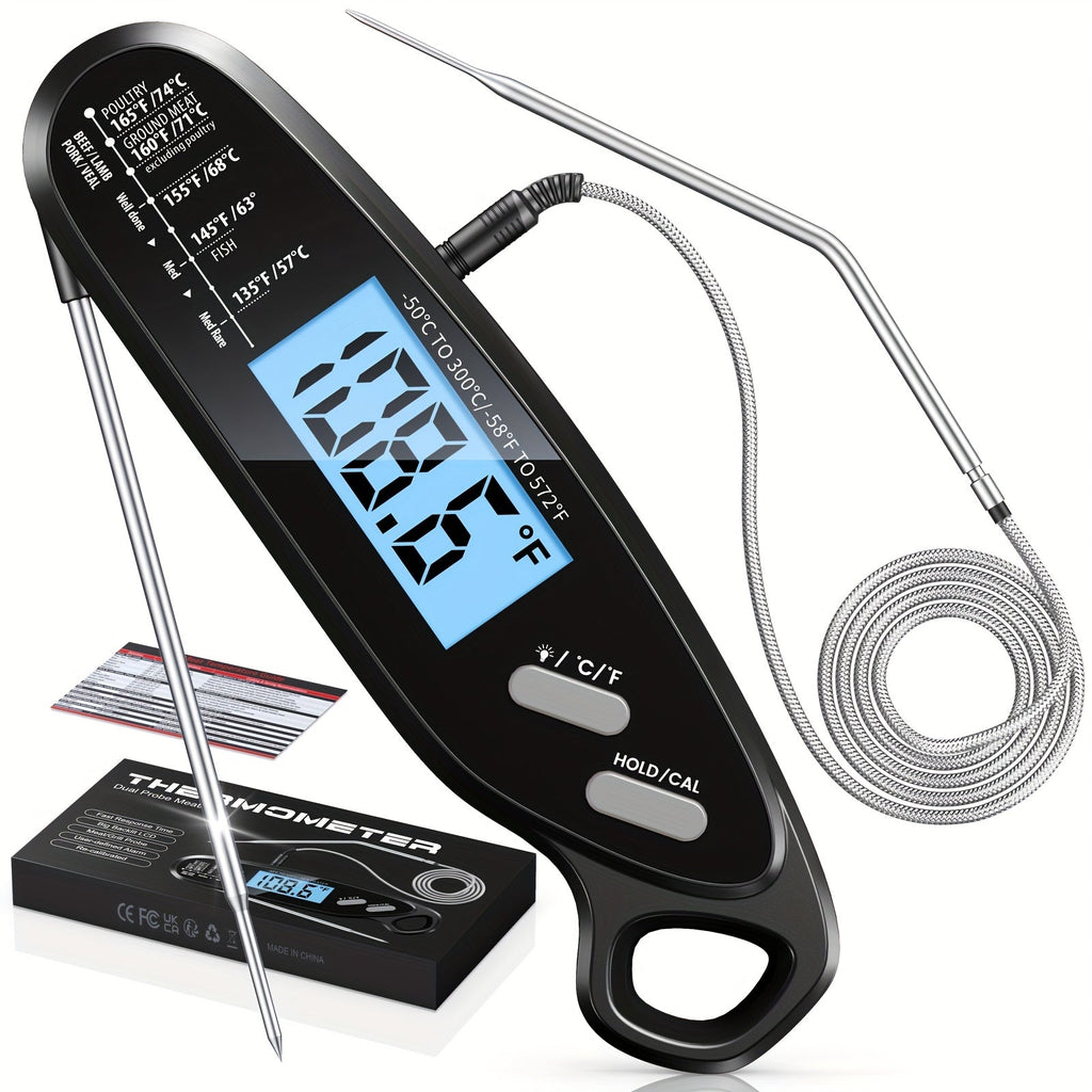 Instant Read Meat Thermometer with Dual Probes Backlit LCD Digital Cooking Thermometer Fast 3-Second Read Calibration Alarm BBQ Grill Oven Smoker Oil Candy Kitchen Food Thermometer Gift