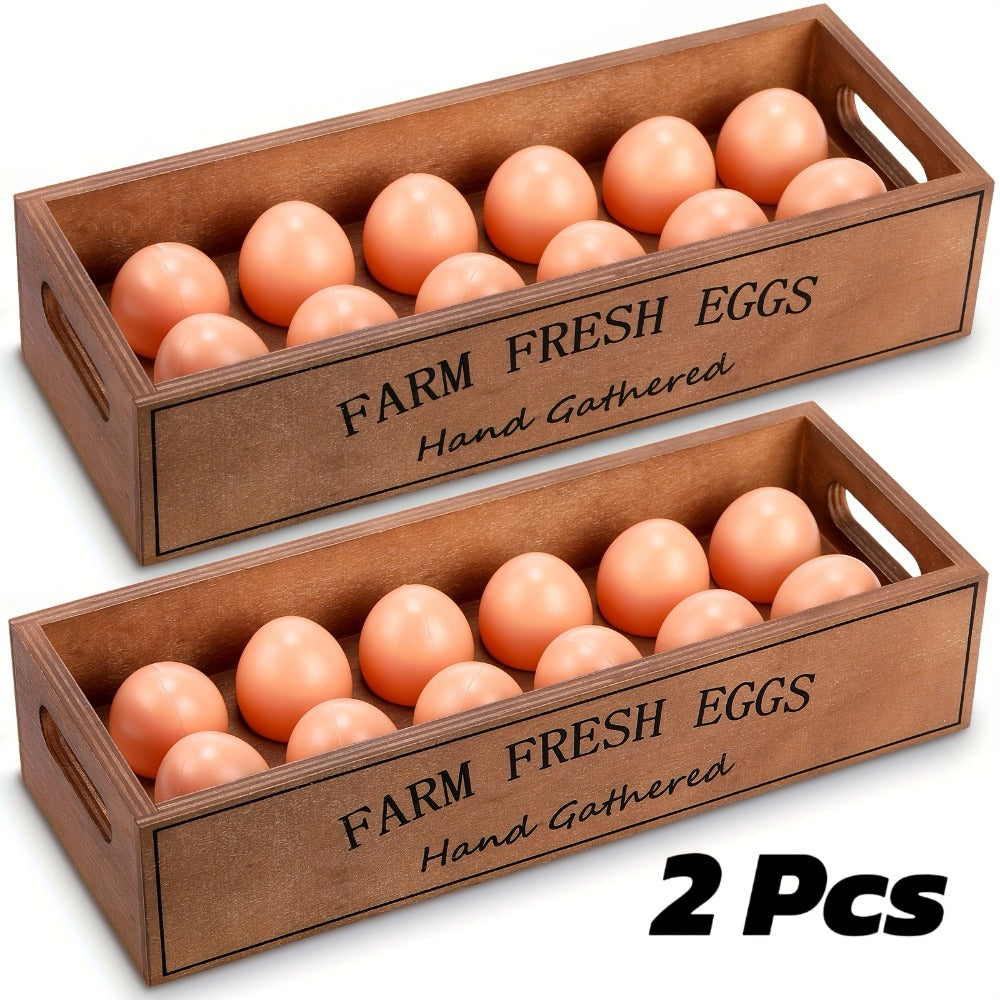 Farmhouse Wooden Egg Holder Rack 2pcs - 24 Egg Storage Display with Handle for Kitchen, Farm, Easter