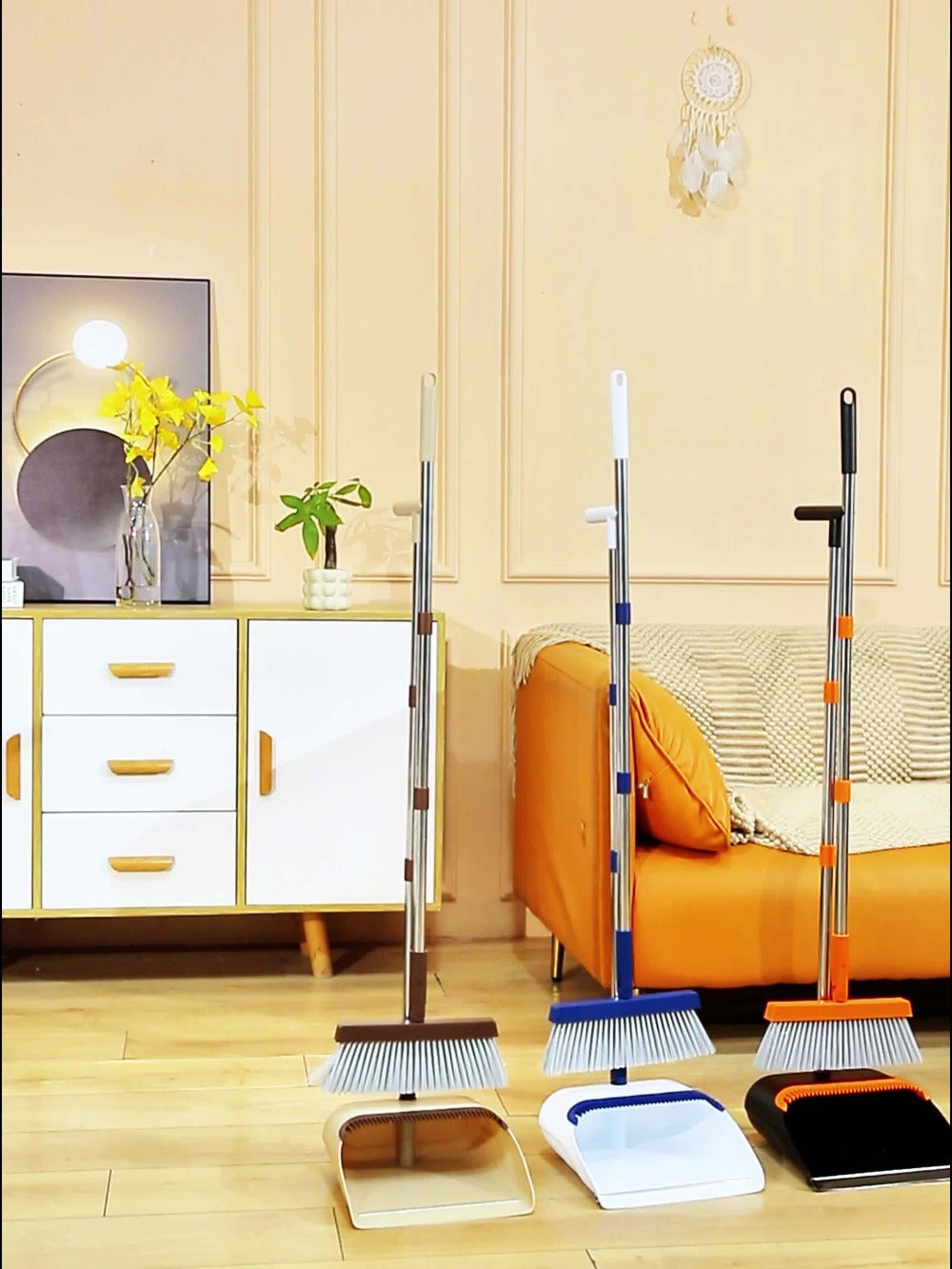 Folding Broom and Dustpan Set 50 Inch Extended Handle - Dense Elastic Bristles Wide Deep Dustpan for Dust Hair Debris, Foldable Broom for Home Kitchen Bathroom Bedroom Living Room, Blue White Black Orange Khaki