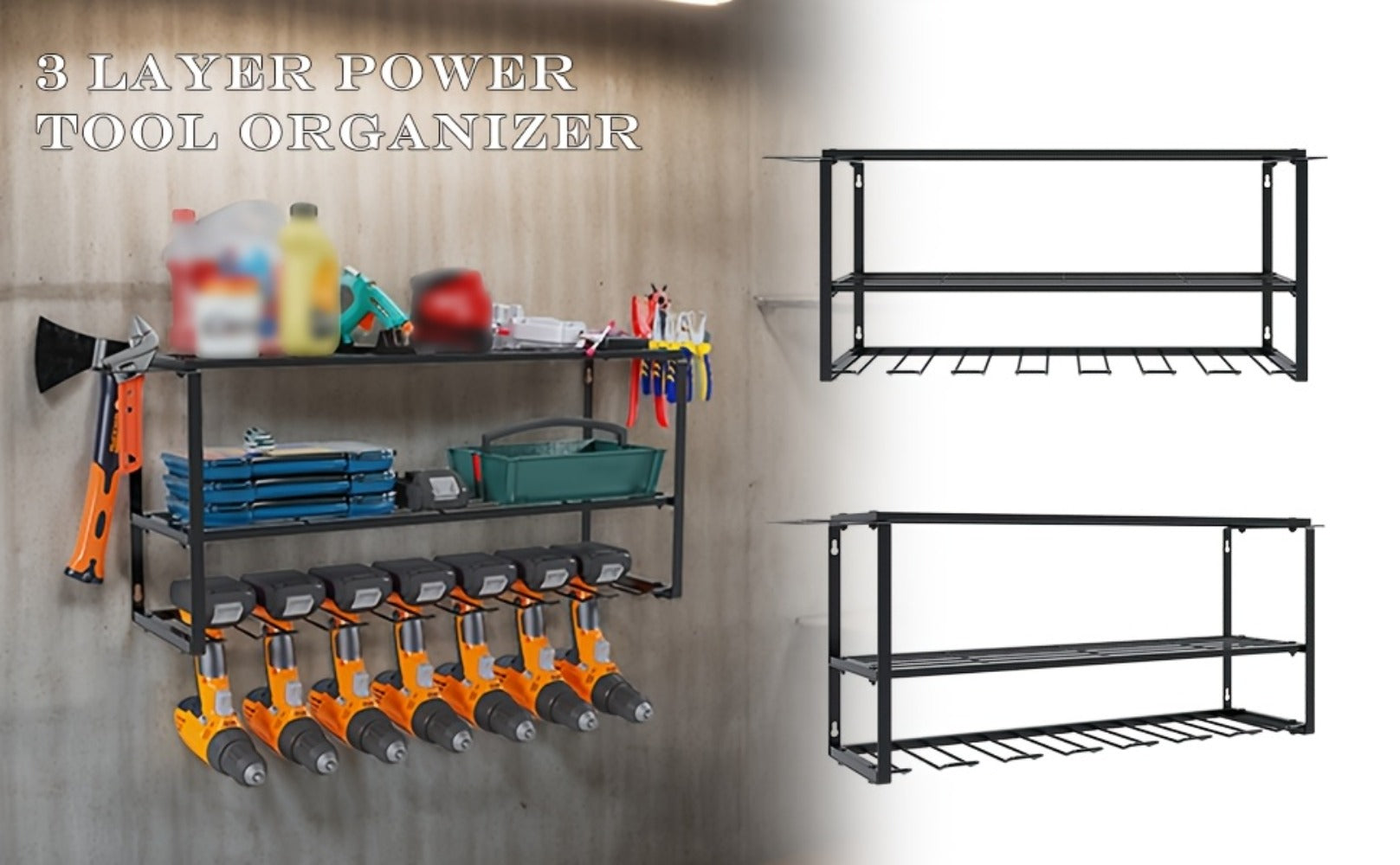 Wall Mount Power Tool Storage Rack, Heavy-Duty 150 Lb Steel 3-Tier & 4-Tier Garage Tool Organizer with 7 Bit Holders ¨C Workshop Shed Basement Wall Storage