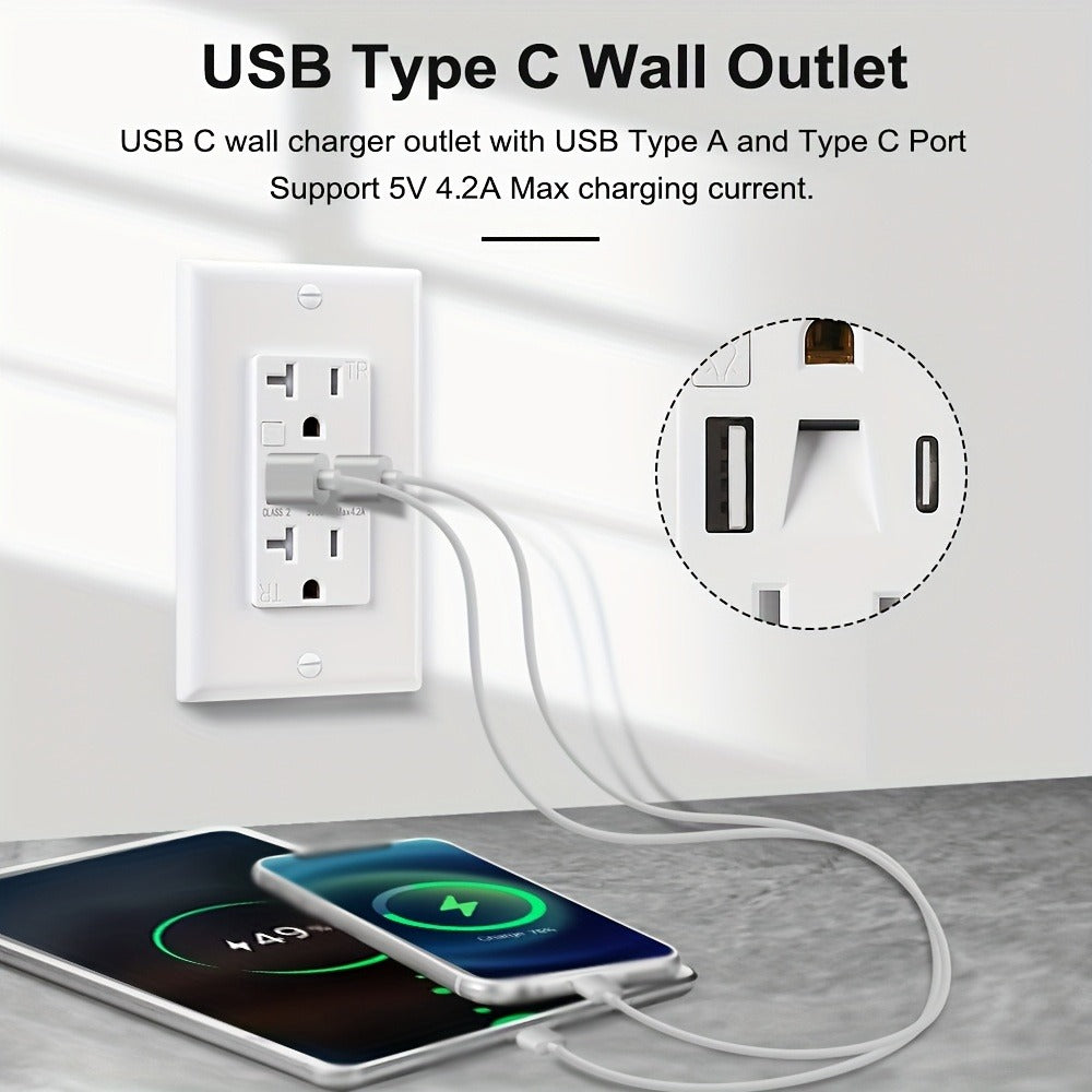 USB Wall Outlet with Night Light 20A 125V Tamper-Resistant - Type A & Type C Ports 5V 4.2A Fast Charging - ETL Listed USB C Electrical Outlet with Wallplate Included - White Smart USB Socket