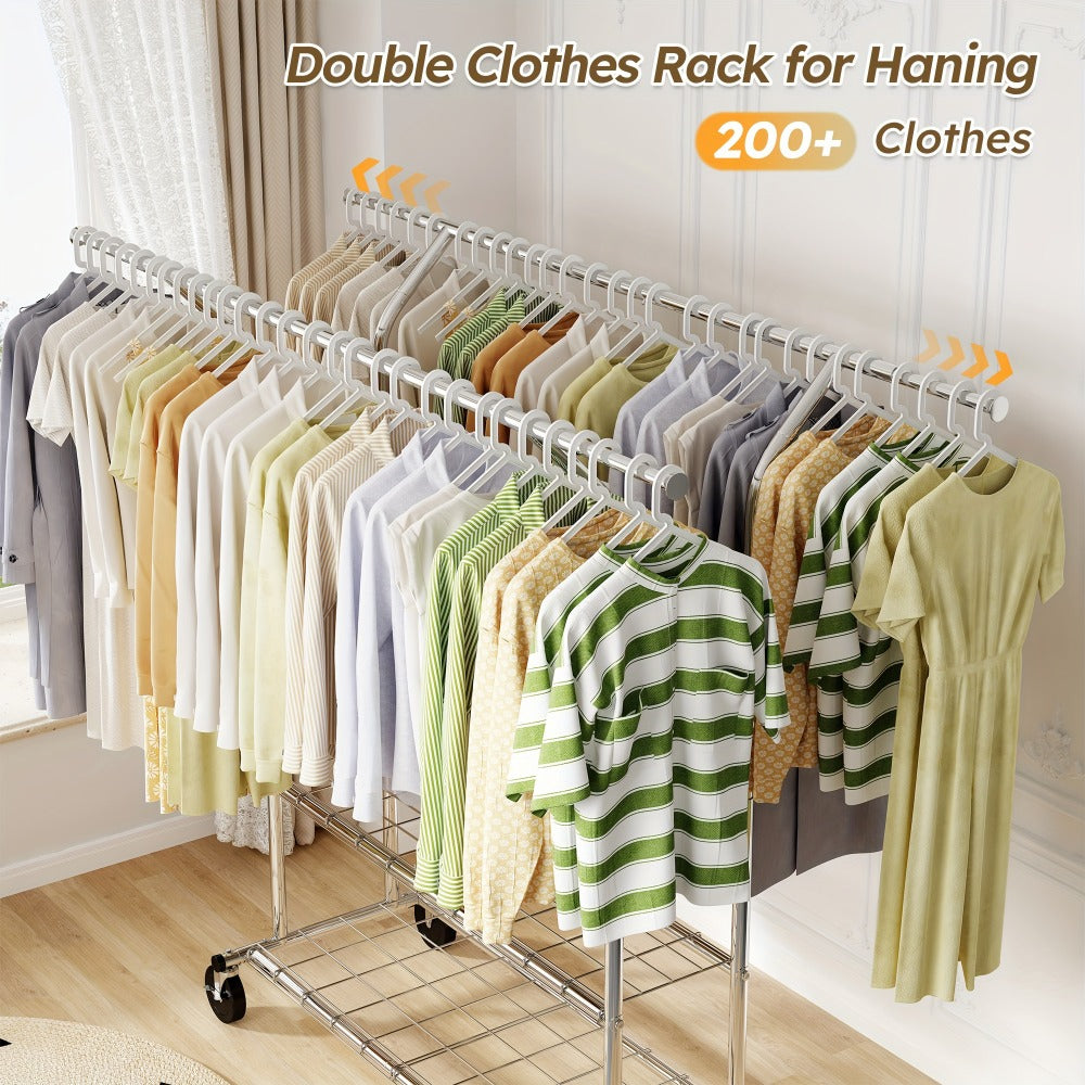 Heavy Duty Clothes Rack 630lbs Double Rod Rolling Garment Rack with Wheels Adjustable Height Width Freestanding Portable Clothing Stand with Bottom Shelves for Bedroom Closet Laundry Room Silver