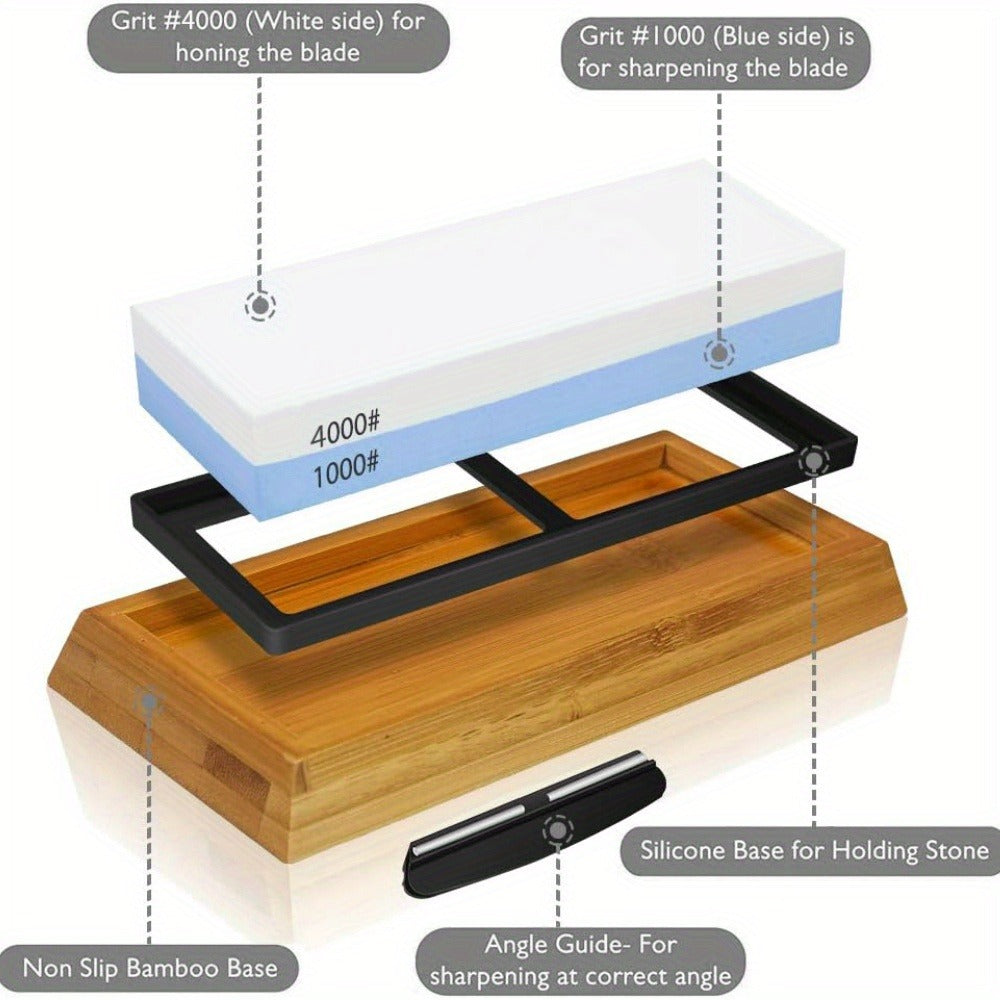 Knife Sharpening Stone 1000/4000 Grit Whetstone Set with Non-Slip Bamboo Base and Angle Guide - Dual Grit Whetstone Knife Sharpener for Kitchen Knives Chef Blades Scissors