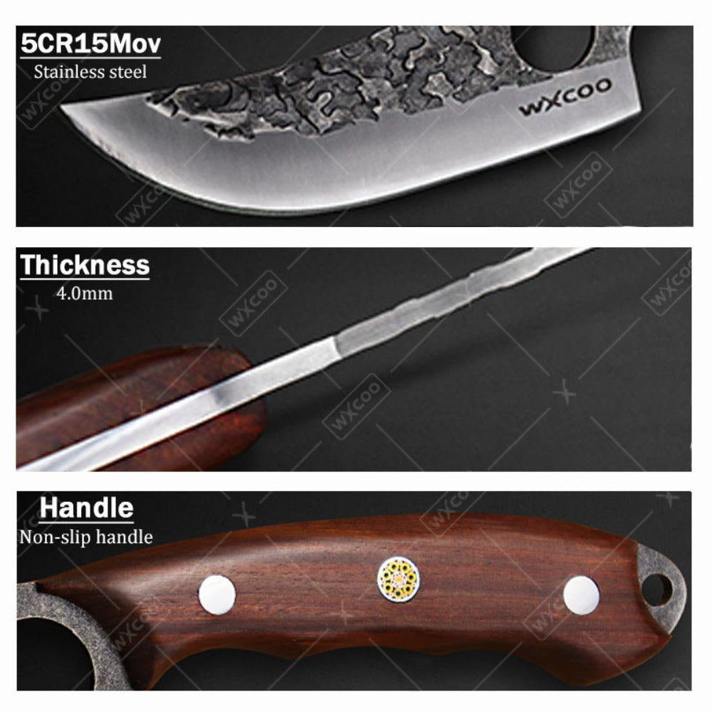 Kitchen Chef Knife Set 3 Piece Stainless Steel - Sharp Boning Knife, Utility Knife & BBQ Knife with Hammered Blade, Wood Handle, Full Tang, Multipurpose Cooking Knives for Meat Vegetables