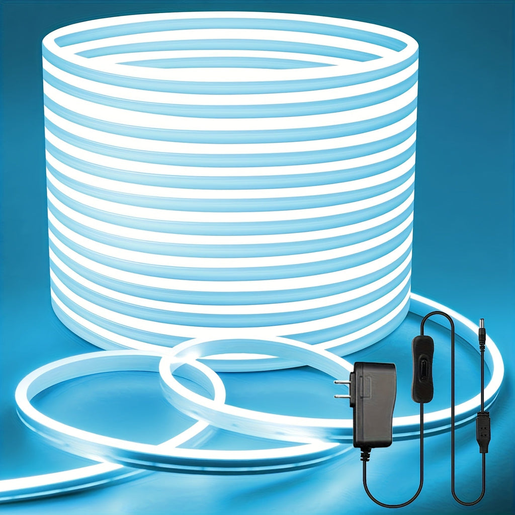 Neon LED Strip Lights 10m 32.8ft IP65 Waterproof with Power Adapter, 24V Flexible Neon Light Strip in White, Warm White, Ice Blue & Pink, for Bedroom, Living Room, Kitchen, Staircase, Indoor & Outdoor Decor