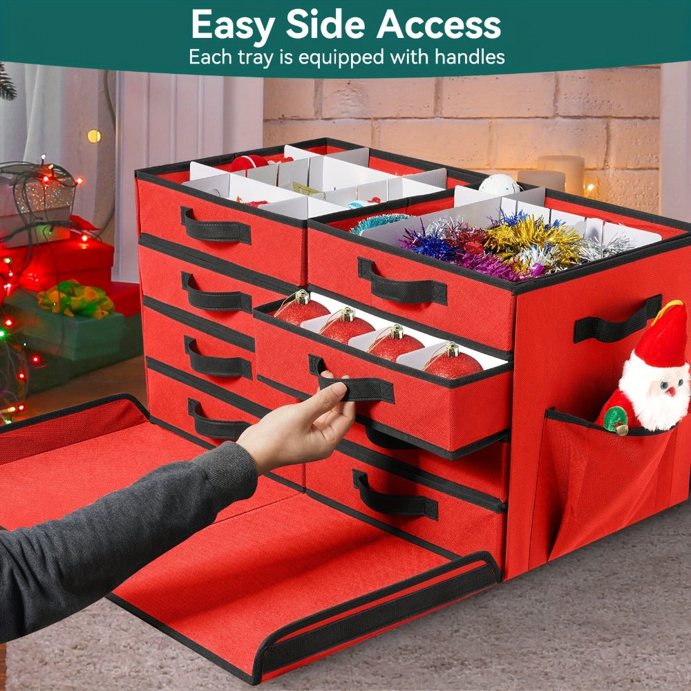 Christmas Ornament Storage Box 128 Slots 8 Trays Stackable Large Capacity Holiday Organizer with Lid Side Open Adjustable Dividers Removable Trays Red Green