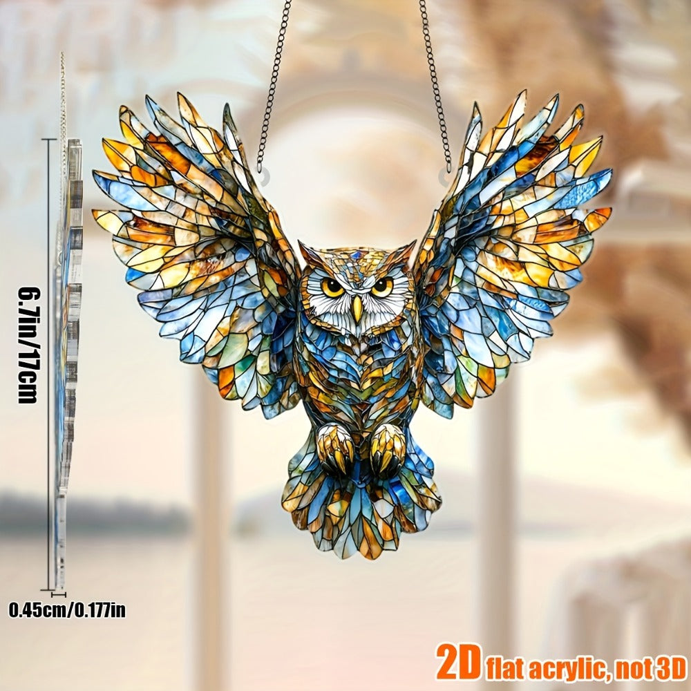 Owl Hanging Ornament Colorful Acrylic 6.7¡±x8¡±, 2D Flat Animal Wall Art Decoration for Christmas Tree, Home, Office & Outdoor, Unique Birthday & Anniversary Gift for Her ¨C Boho Bird Decor (1pc)