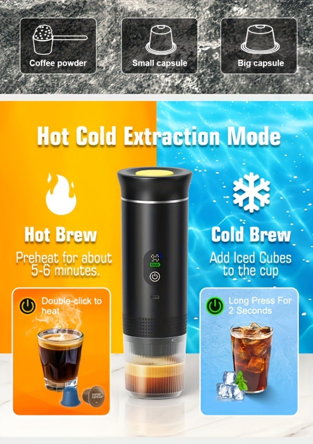 Portable Espresso Machine Type-C Charging Self-Heating ¨C Single Serve Coffee Maker with Temperature & Battery Display, Hot & Cold Brew, Ground Coffee & Capsule Compatible, for Travel RV Hiking Office
