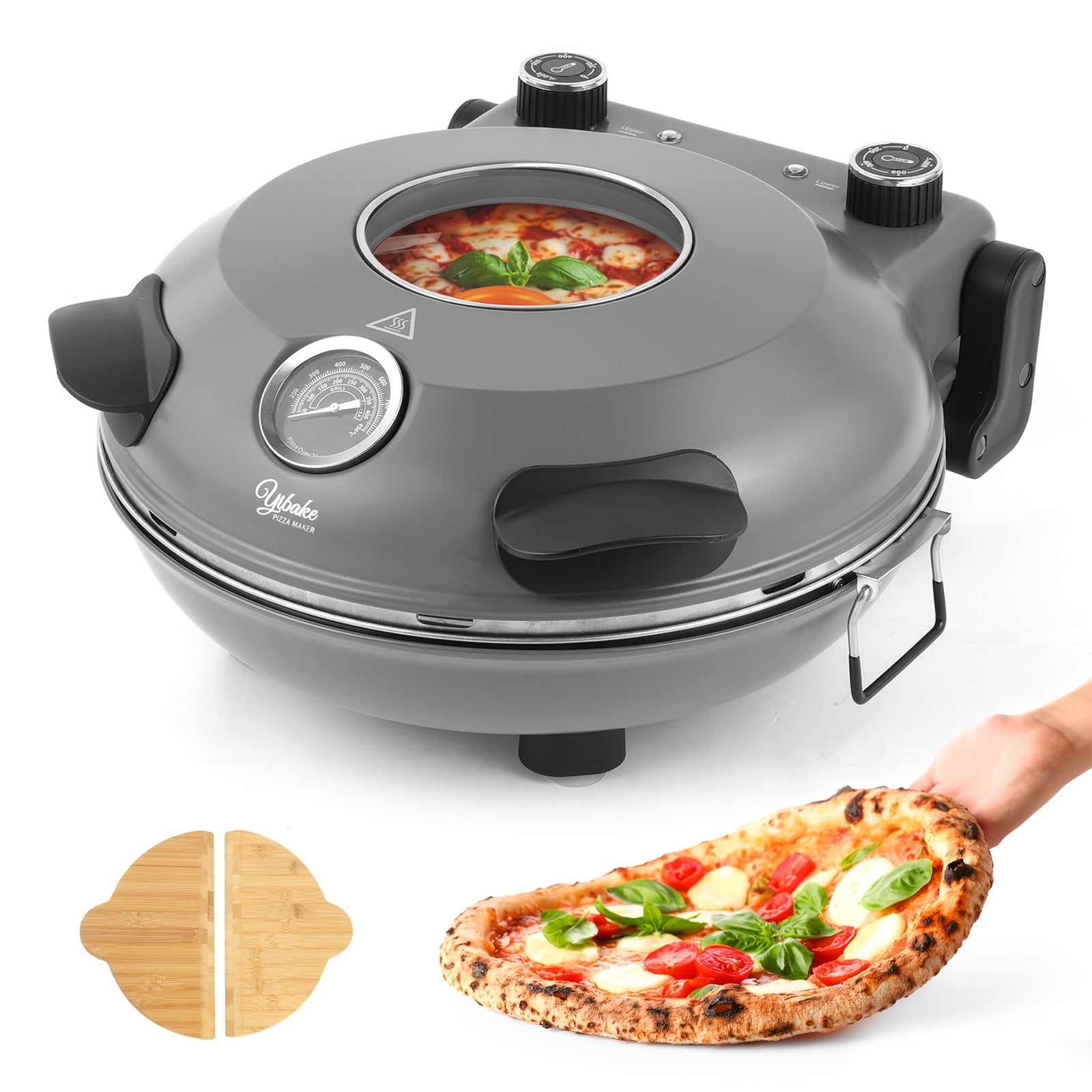 Indoor Pizza Oven 12 Inch Countertop Electric Pizza Maker 1200W ¨C Reaches 800¡ãF in Minutes, Dual Knob Control, Ceramic Stone, Transparent Window, Anti-Scald Handles for Home Kitchen