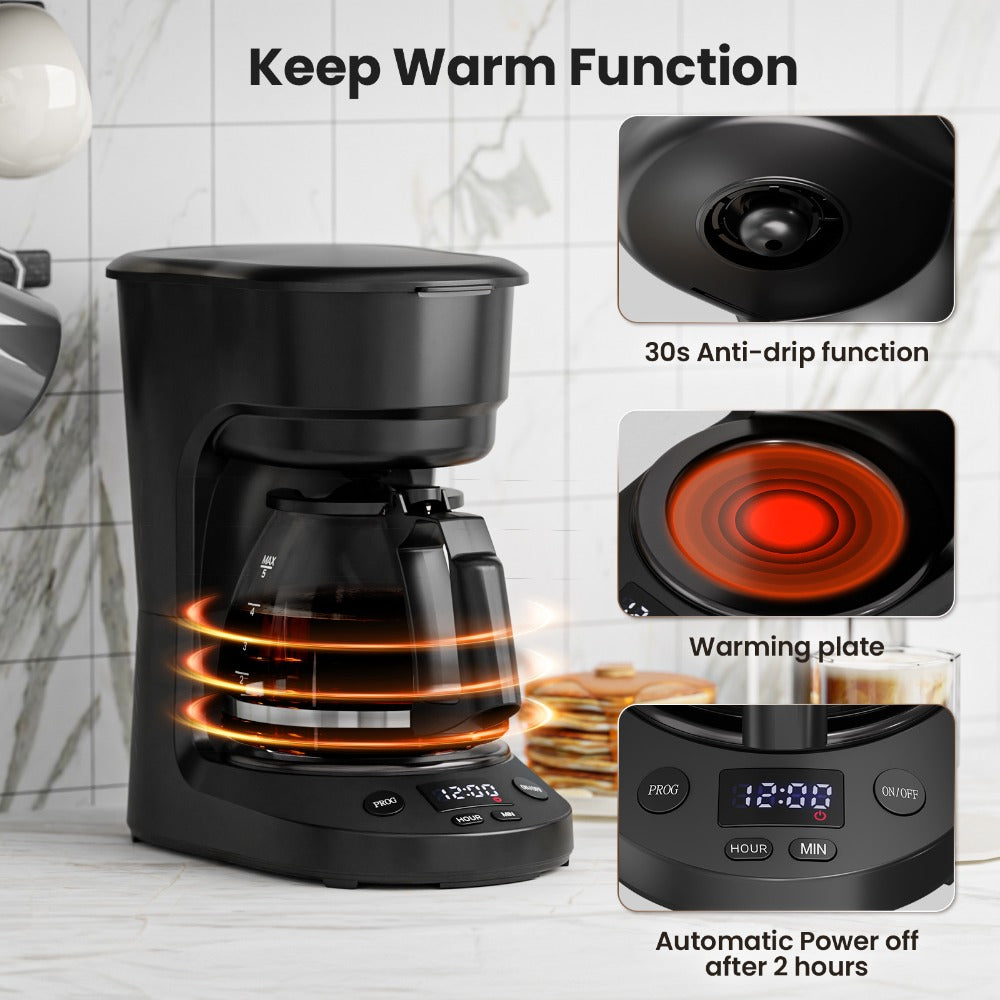Drip Coffee Maker 5 Cup 24H Delay Brew 2H Keep Warm Pause and Serve Reusable Filter Glass Pot LED Display Auto Shut-Off Portable Coffee Machine for Office Travel