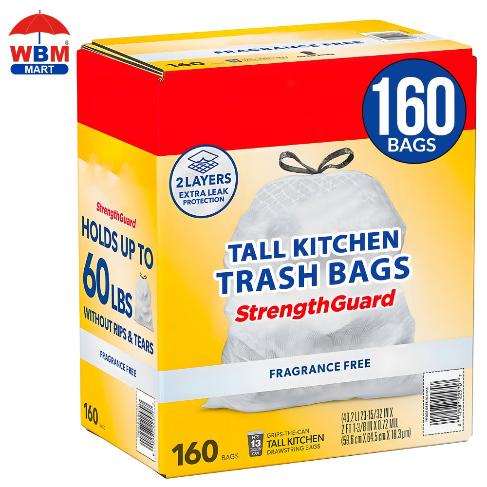 13 Gallon Kitchen Trash Bags 160 Count - Drawstring Tall Kitchen Garbage Bags Fragrance Free Leak Proof Heavy Duty