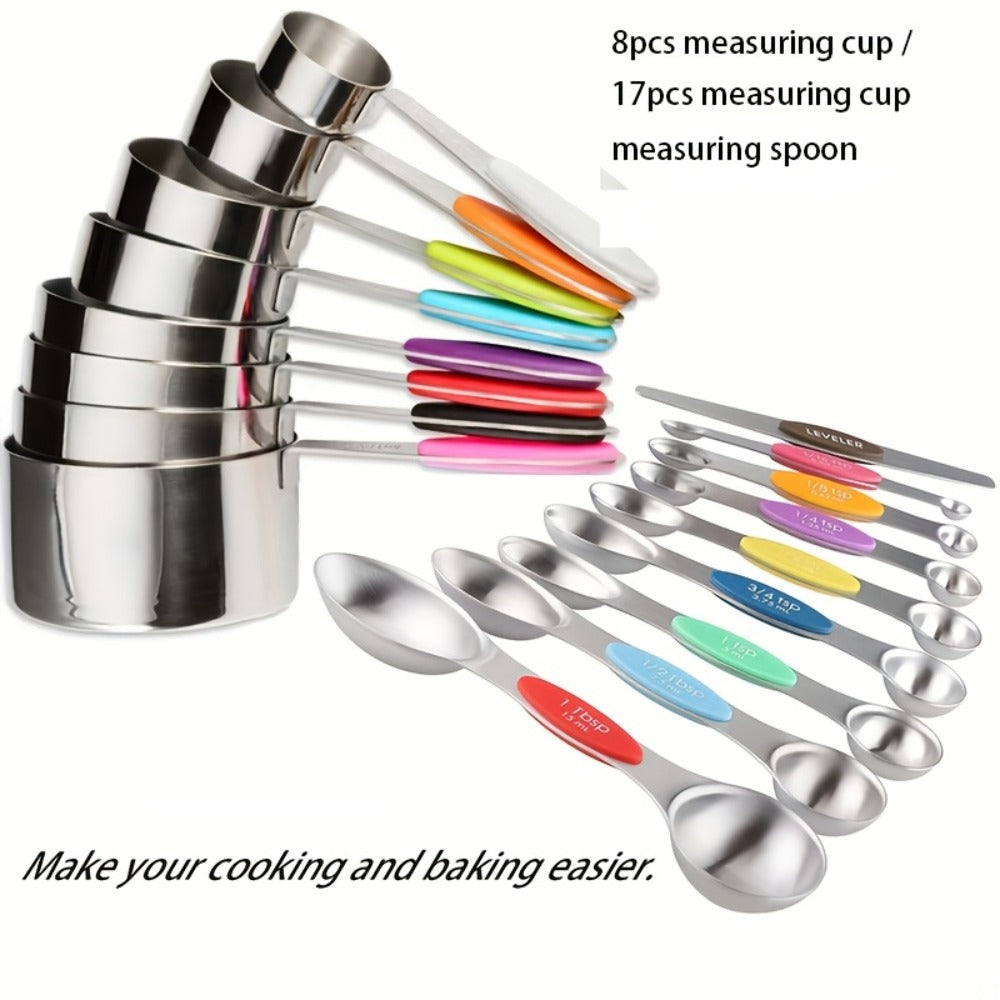 Measuring Cups and Spoons Set Stainless Steel, 8 or 17-Piece Stackable Baking Measuring Cup Set with Soft Handle for Wet and Dry Ingredients, Kitchen Baking Accessories, Black or Colorful