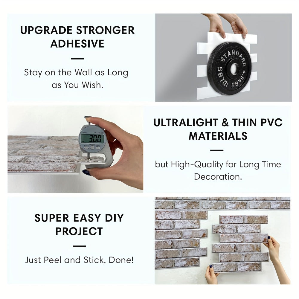 Peel and Stick Brick Wall Panels 3D Faux Brick Tiles 20 Sheets - Self-Adhesive PVC Realistic Texture, No Grout Needed, Waterproof & Heat Resistant for Kitchen Backsplash Fireplace Living Room Bedroom