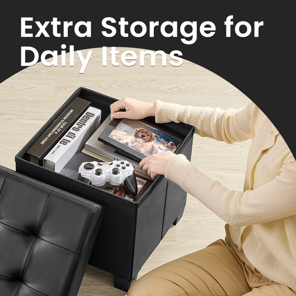Storage Ottoman Cube with Legs Faux Leather Footstool Footrest 10 Gallon 37L Hidden Storage Seat for Bedroom Living Room Dorm Entryway Toy Box Organizer Black White
