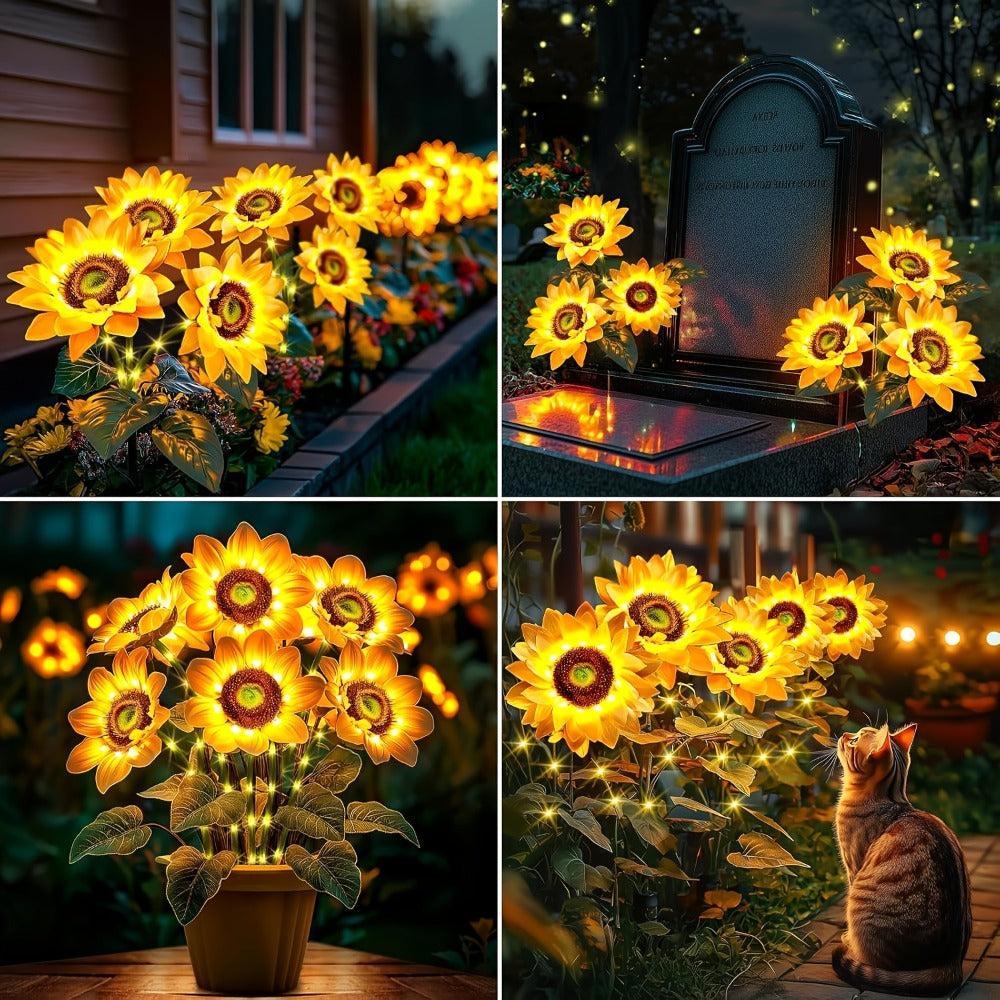 Solar Sunflower Garden Stake Lights 4 Pack | 12 Lifelike LED Flowers IP44 Waterproof Auto On Off | Floral Path Lighting for Patio Yard Porch with 8 Clip-On Butterfly Accessories