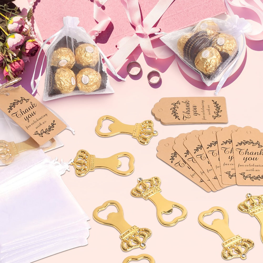 Crown Bottle Opener Wedding Favors 10 Sets 31pcs - Rose Gold Party Gift for Guests with Organza Bag Thank You Tag Twine for Bridal Shower Birthday Baby Shower Bar Kitchen