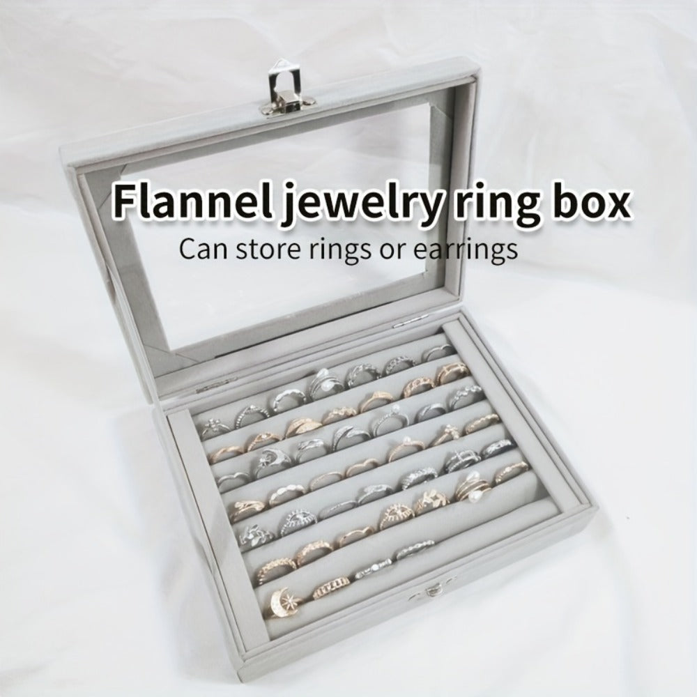 Jewelry Box with Locking Lid ¨C 49-Ring Capacity Glass-Like Plastic Ring & Earring Organizer, Large Rectangular Storage Case, Waterproof Anti-Tarnish, 4 Colors, Holiday Gift