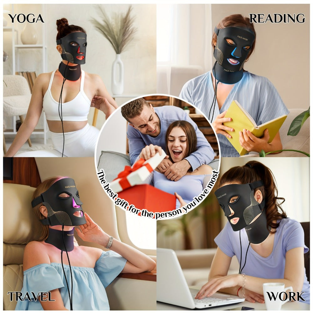LED Light Therapy Face Mask 7 Color Red Light FDA Cleared Face and Neck Mask for Acne Whitening Anti-Aging Collagen Renewal Hydration Skin Care Home Use Rechargeable Portable