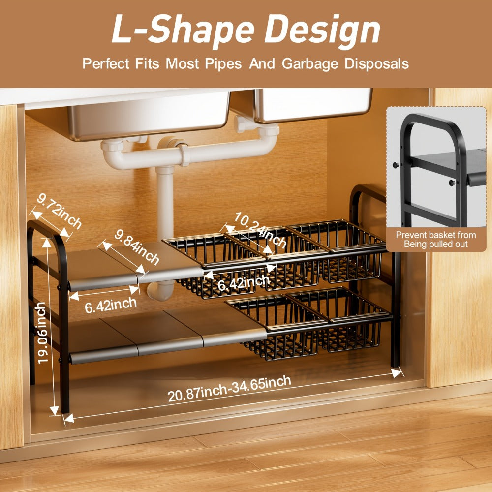 Expandable Under Sink Organizer 2-Tier Cabinet Shelf with 5 Removable Panels & 5 Baskets, Adjustable Under Sink Storage Rack for Kitchen Bathroom Cabinet Organization