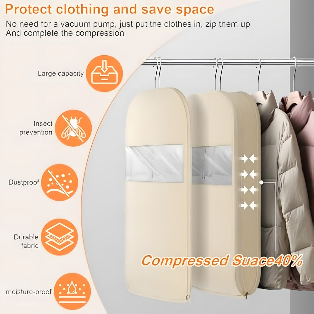 Hanging Garment Bag with Compression Zipper Space Saving Dustproof Clothes Storage Bag with Self Compression Zip Technology for Suits Dresses Coats Closet Wardrobe Organization Beige
