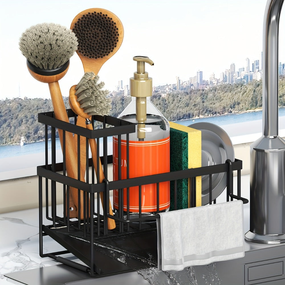 Kitchen Sink Sponge Holder 304 Stainless Steel Drain Design Dishcloth Rack Tall Brush Holder Countertop Soap Dispenser Organizer Storage Accessories Black