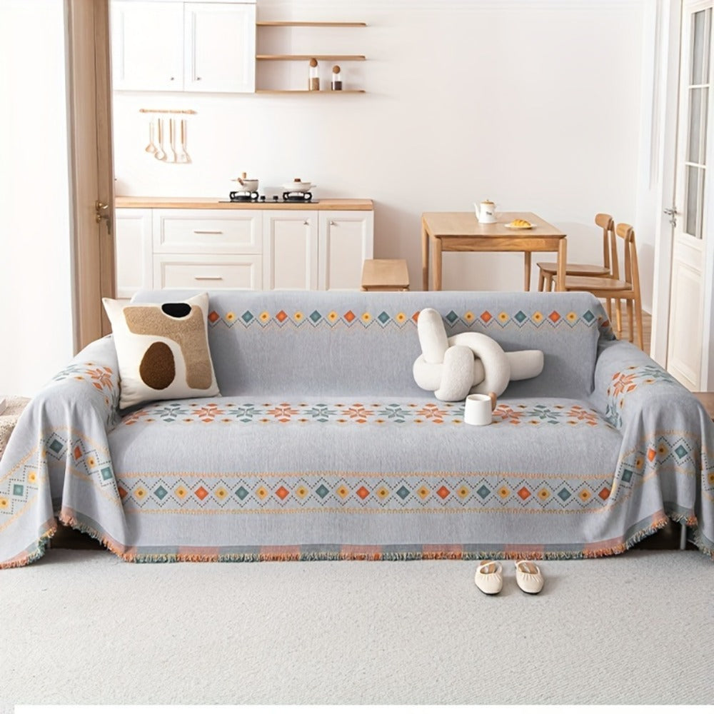 Bohemian Embroidery Chenille Sofa Cover 300GSM - Machine Washable Knit Weave Slipcover for 2 3 4 Seater Sectional Sofa No Padding, 5 Colors