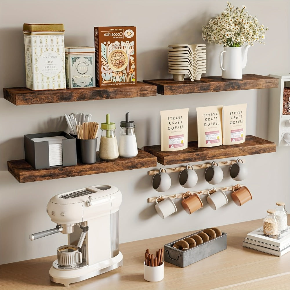 Floating Shelves for Wall 4pcs 15.8in ¨C Wall Mounted Shelf with Invisible Bracket for Bathroom, Living Room, Bedroom, Kitchen, Office Decor | Brown, White, Black