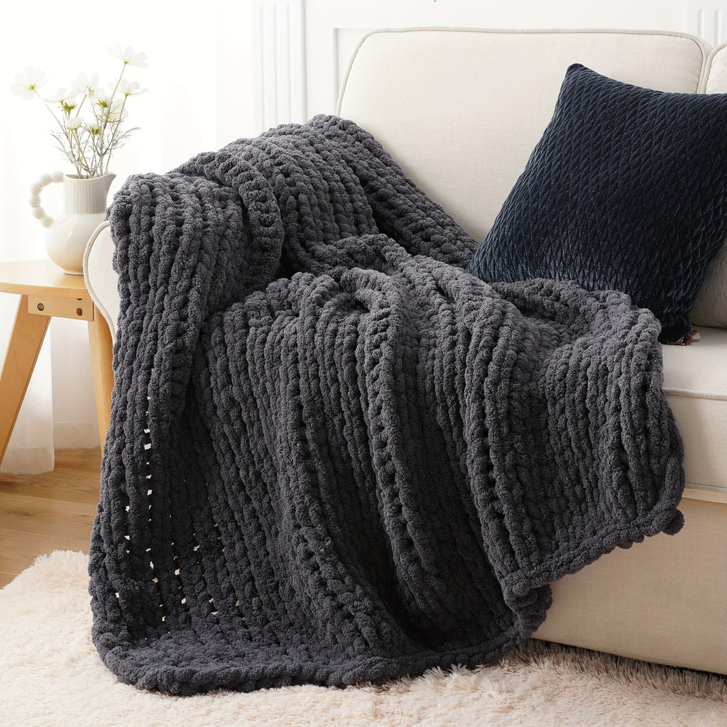 Chunky Chenille Cable Knit Throw Blanket ¨C 350-400gsm Soft Warm Crochet Throw for Sofa, Bed & Couch, Vintage Patchwork, 14 Colors