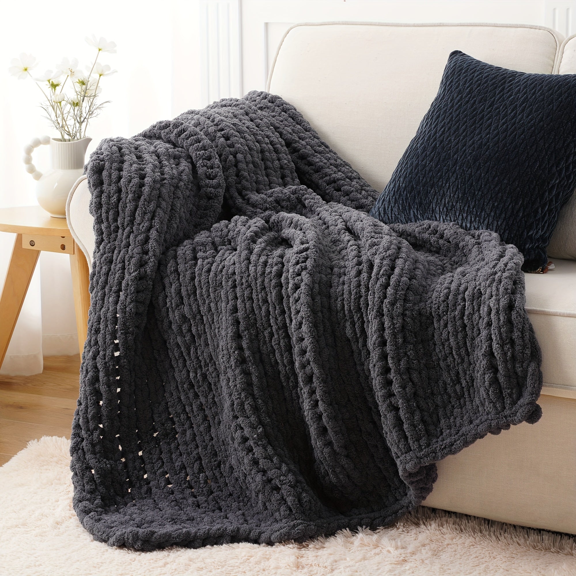 Chunky Chenille Cable Knit Throw Blanket ¨C 350-400gsm Soft Warm Crochet Throw for Sofa, Bed & Couch, Vintage Patchwork, 14 Colors