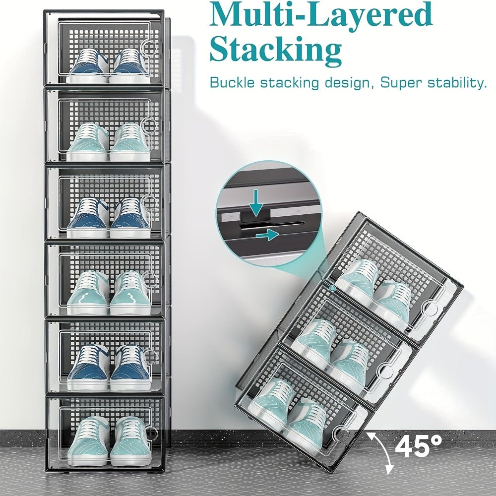 Transparent Stackable Shoe Boxes with Lid ¨C Foldable Clear Sneaker Storage Organizer (6/24pcs)
