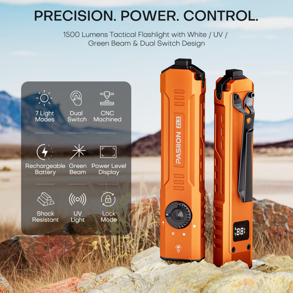 Tactical Flashlight Green Laser UV 3-in-1 | 1500 Lumen Slim EDC Multi-Function Light with White Light + UV365 Ultraviolet + Green Laser Beam | USB Rechargeable for Home Outdoor Daily Use
