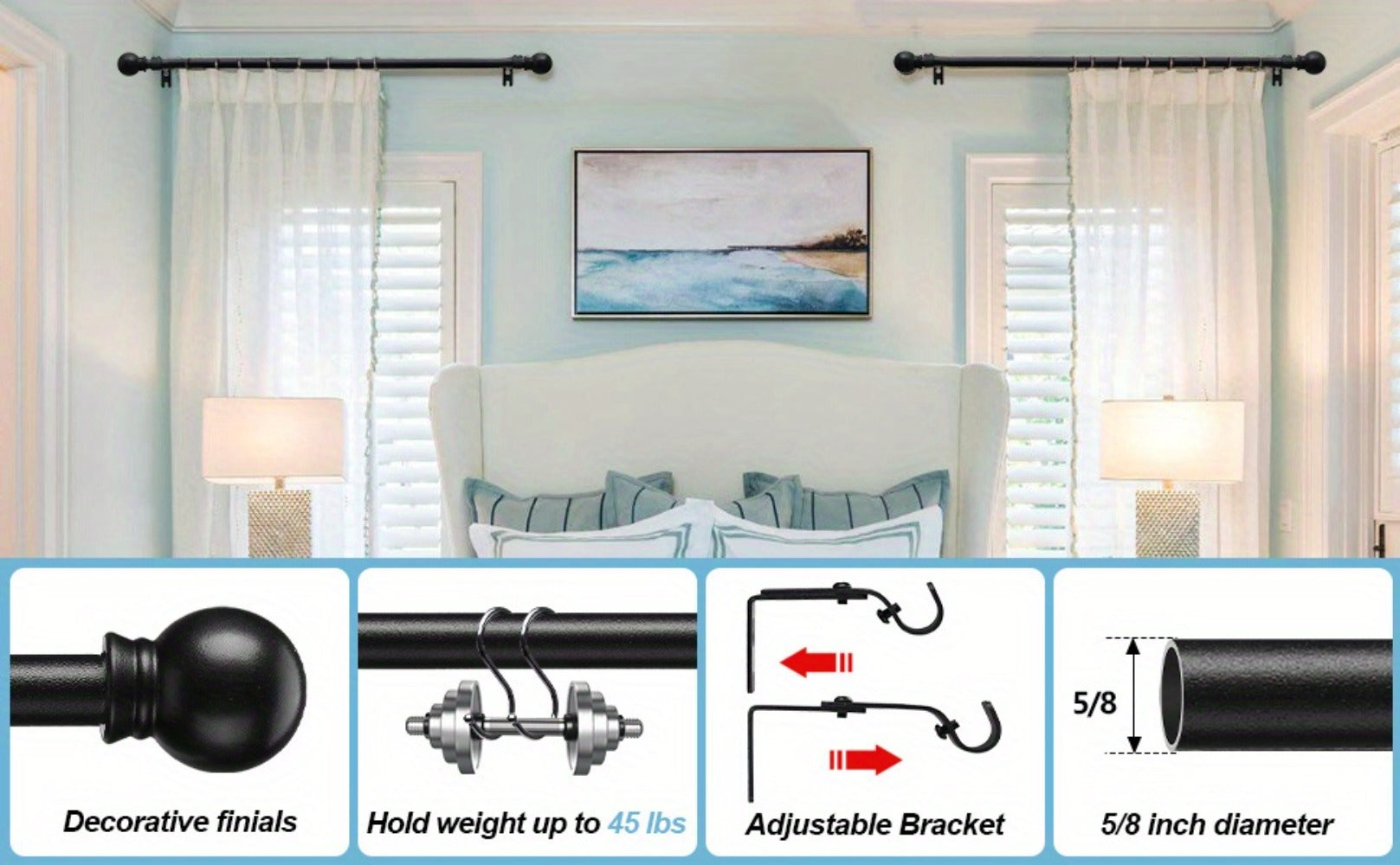 Curtain Rods 2 Pack Matte Black Adjustable 28 to 95 Inch | 5/8 Inch Stainless Steel Extra Long Window Curtain Rod Set for Living Room Bedroom Bathroom Kitchen | Multiple Sizes Available
