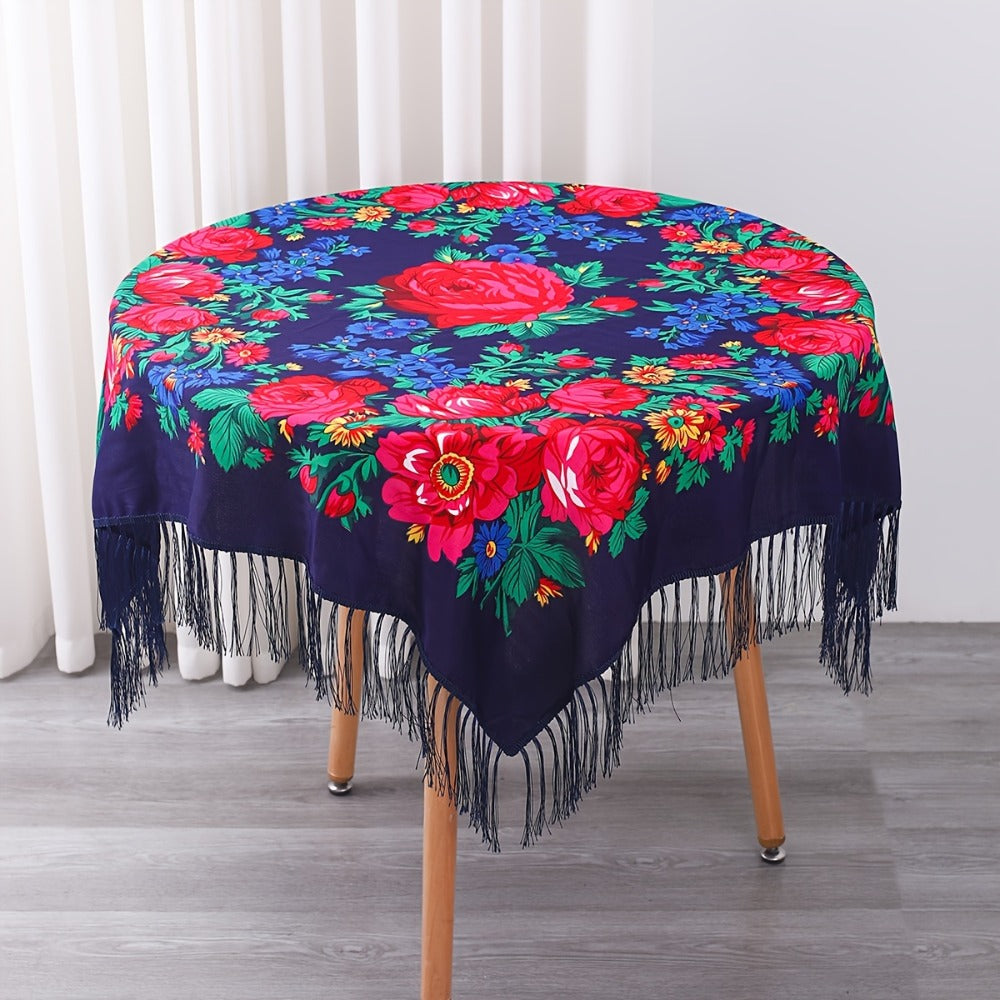 Floral Square Tablecloth with Tassels - Multicolor Flowers, Machine-Washable Polyester, Kitchen & Dining Room Table Cover with Tassel Trim