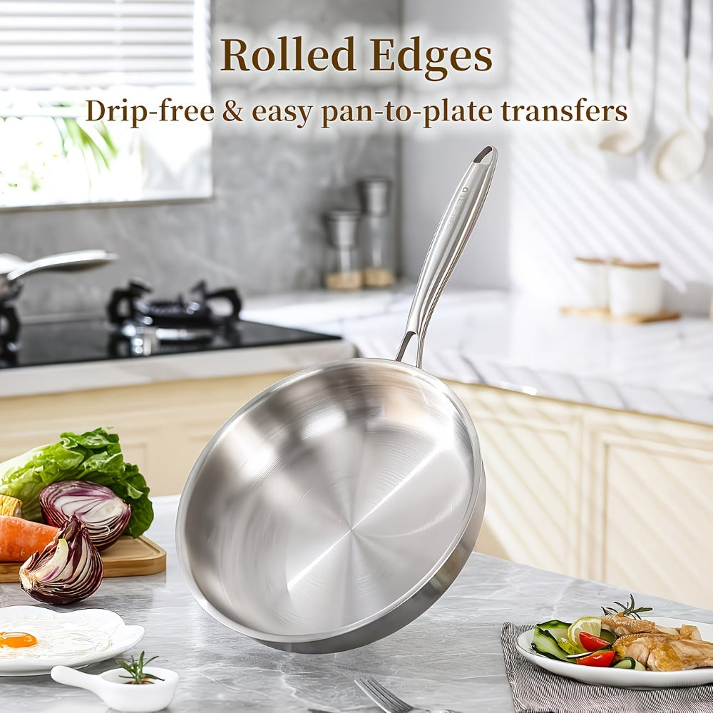 304 Stainless Steel Frying Pan 11 Inch Triply Base ¨C Ergonomic Handle Even Heat Distribution Dishwasher Safe | Induction Compatible Professional Restaurant Grade Skillet 26cm Kitchen Cookware