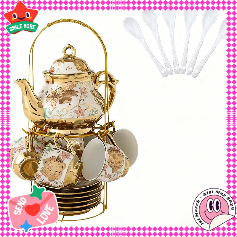 20-Piece Floral Ceramic Tea Set with Saucers & Metal Stand | European Afternoon Tea Service, Blooming Design, Complete Tea Accessories, Gift for Tea Lovers