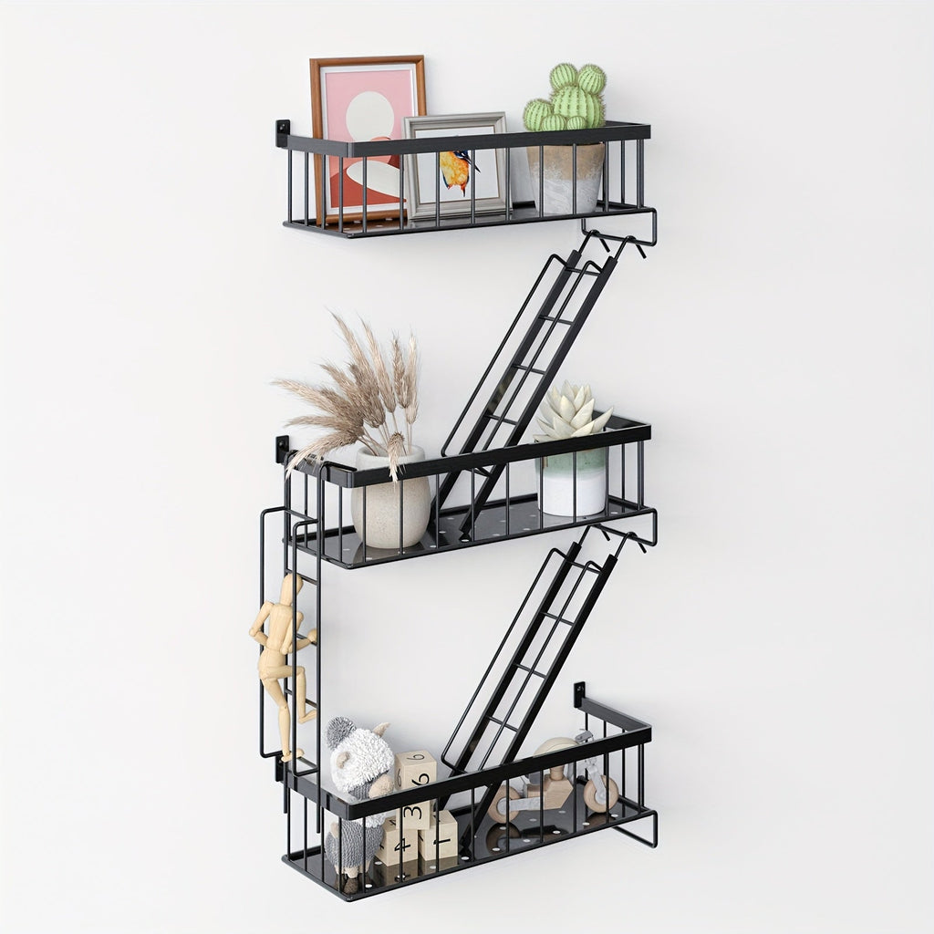 Floating Wall Shelf 3 Tier Black Metal Ladder Shelf - Fire Escape Decorative Wall Shelves for Bedroom, Bathroom, Home Office Storage and Display, Room Decor, Wall Art Shelf