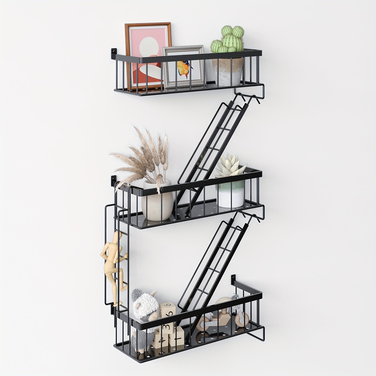 Floating Wall Shelf 3 Tier Black Metal Ladder Shelf - Fire Escape Decorative Wall Shelves for Bedroom, Bathroom, Home Office Storage and Display, Room Decor, Wall Art Shelf