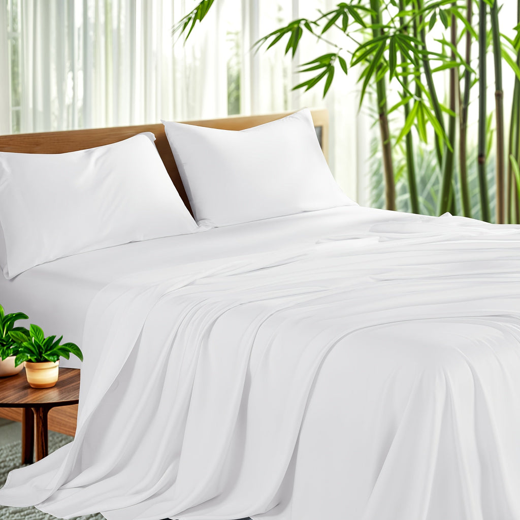 Bamboo Sheet Set 4pcs Cooling Deep Pocket Wrinkle Resistant Bedding All-Season Fitted Flat Sheet 2 Pillowcases Gift Box