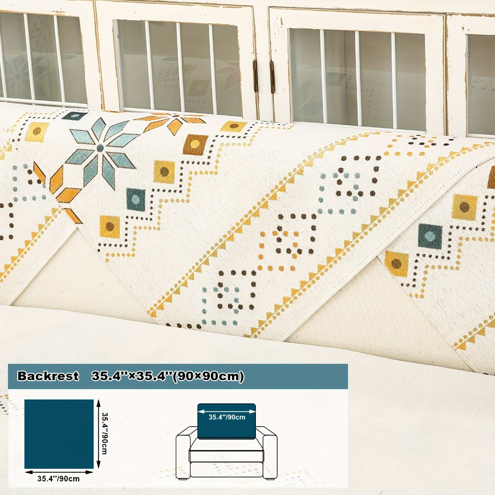 Bohemian Chenille Sofa Cover | Geometric Print Non-Slip Couch Slipcover, Thick Plush Boho Style, 1 to 4 Seat, Armrest & Backrest, Machine Washable, Sectional Sofa Protector