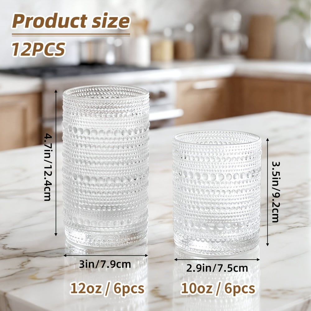 Drinking Glasses Set 12pcs ¨C 12 Oz & 10 Oz Highball Glasses, Clear Embossed Boho Glass Cups for Juice, Coffee & Milk, Kitchen Glassware Gift Set for Christmas